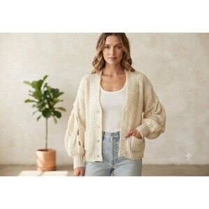 Women S Cream Wool Blend Knit Cardigan Cable Cutout Balloon Sleeve Chunky Ribbed